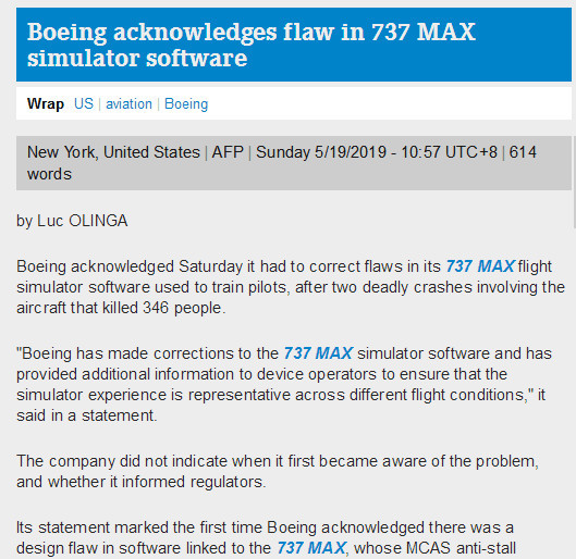 波音公司发布声明，首次承认737MAX飞行模拟器软件存缺陷