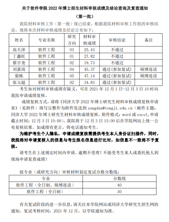 知点考博：同济大学软件学院22年博士招生材料审核成绩结论查询