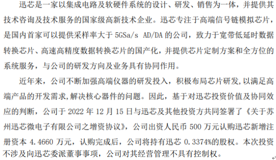 优利德出资500万认购迅芯新增注册资本4.47万 认购完成后持股0.34％