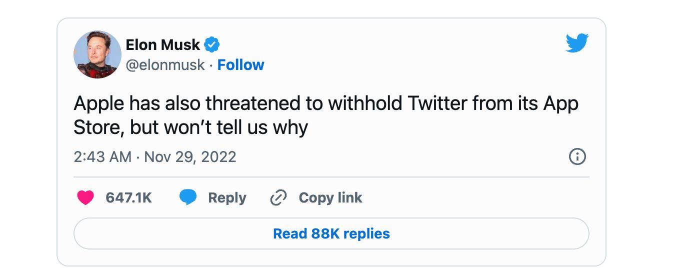 埃隆·马斯克称苹果威胁要从 App Store 中移除 Twitter